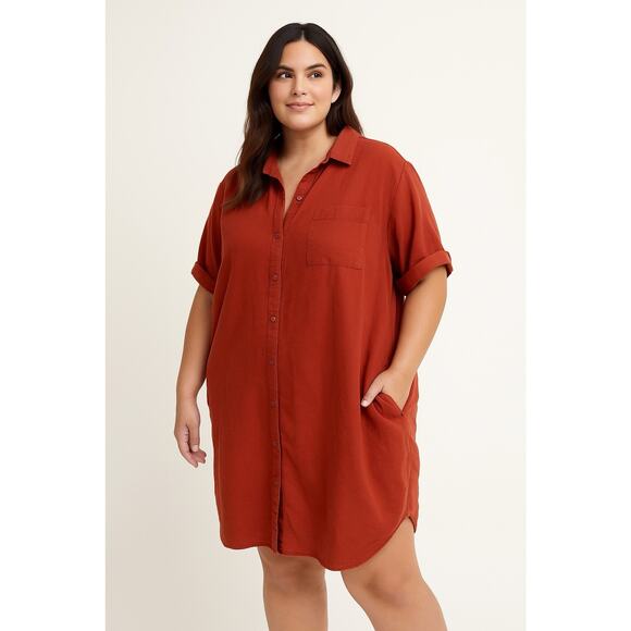 Old Navy Women's Burnt Orange Linen Blend Shirt Dress 3X Rust Pockets Beachy - Picture 1 of 7